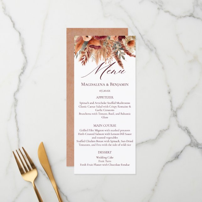 Menu Fleurs de Boho Terracotta Automne Herbe de Pampas  (Devant/Arrière en situation)