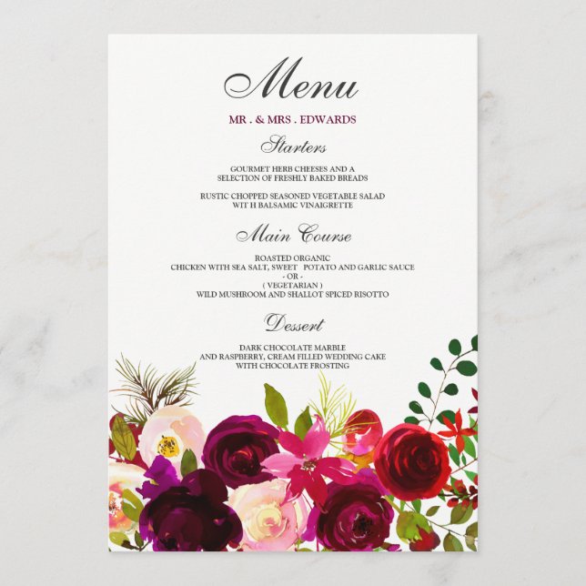 Menu Fleurs de Bourgogne Élégant Mariage Floral (Devant)