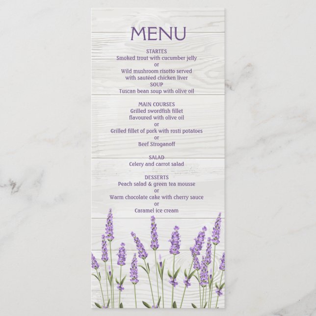 Menu Fleurs de lavande violette sur le Mariage de bois  (Devant)