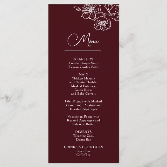 Menu Fleurs de ligne blanche Mariage bordeaux profond (Devant)