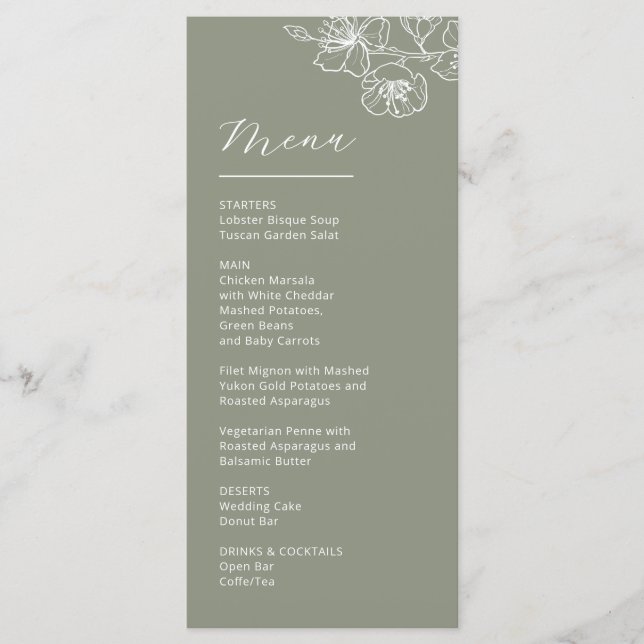 Menu Fleurs de ligne blanche mariage vert sauge (Devant)