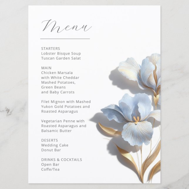 Menu Fleurs de lys 3D stylisées bleu or (Devant)