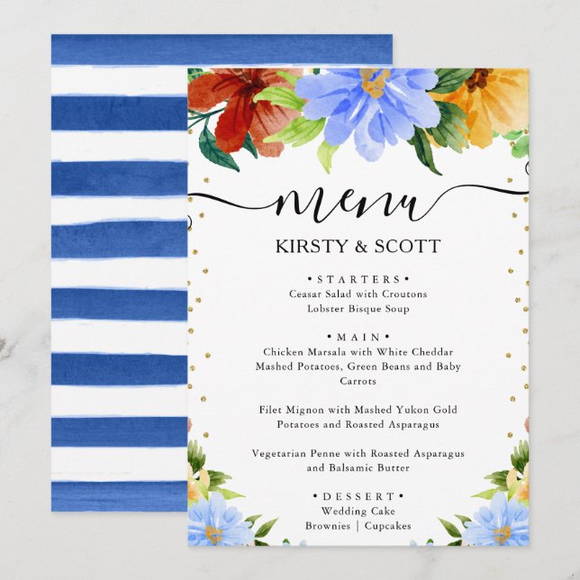 Menu Fleurs de mariage à l'aquarelle rouge, jaune et bl (Devant / Derrière)