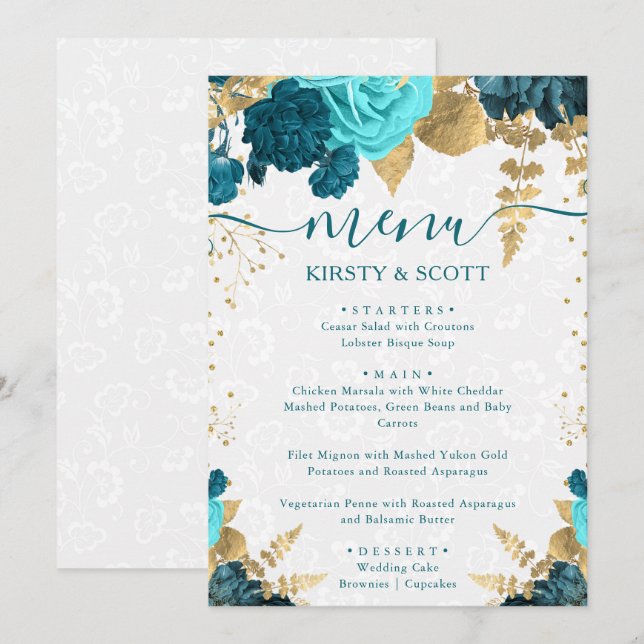 Menu Fleurs de mariage à l'aquarelle sarcelle et or (Devant / Derrière)