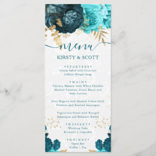 Menu Fleurs de mariage à l'aquarelle sarcelle et or