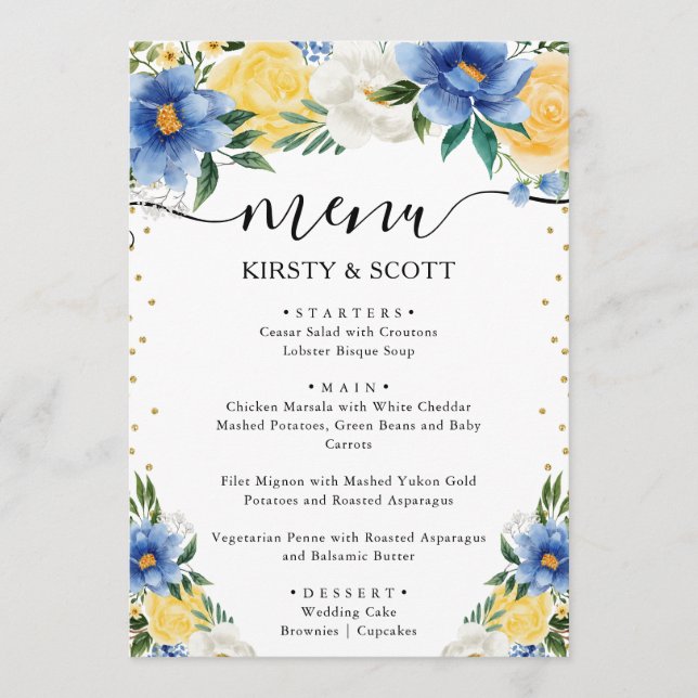 Menu Fleurs de mariage d'été bleu et jaune (Devant)
