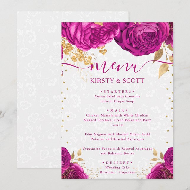 Menu Fleurs de mariage rose et or à l'aquarelle (Devant / Derrière)
