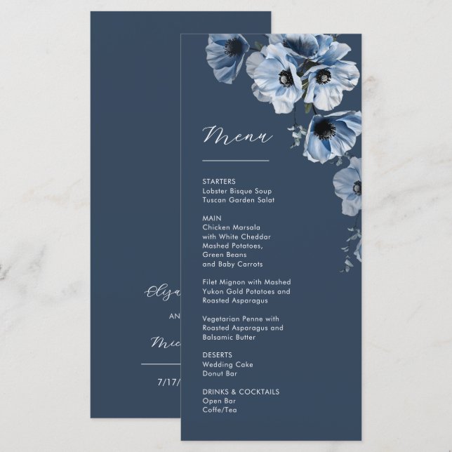 Menu Fleurs de mariage transparentes bleues (Devant / Derrière)