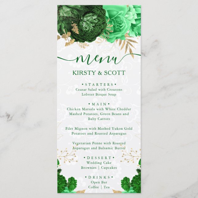 Menu Fleurs de mariage vert et or à l'aquarelle (Devant)