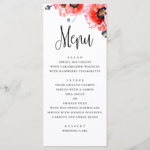 Menu Fleurs de pavots. Mariage floral rouge aquarelle