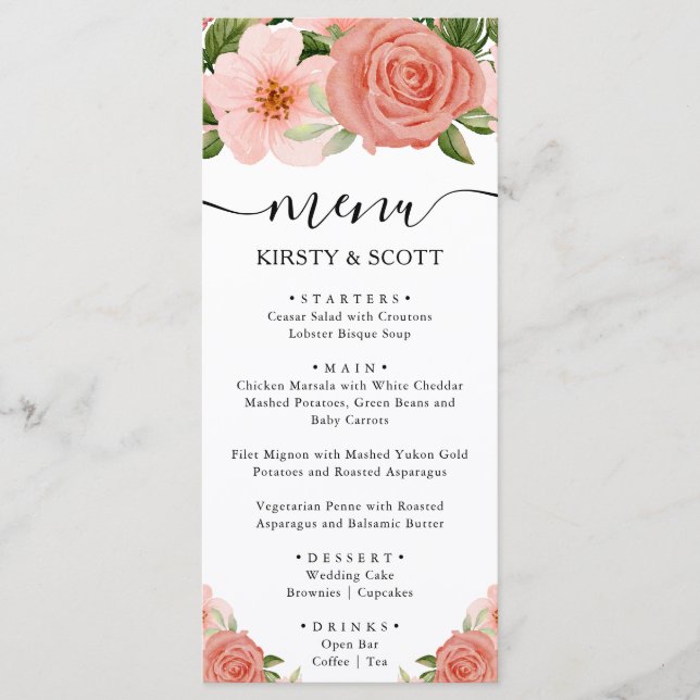 Menu Fleurs de roses roses aquarelle mariage (Devant)