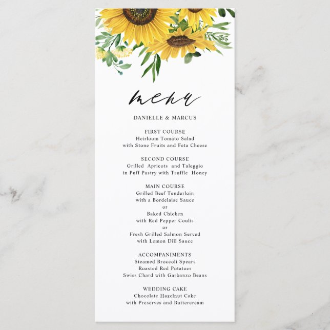 Menu Fleurs de soleil d'aquarelle et Mariage d'eucalypt (Devant)