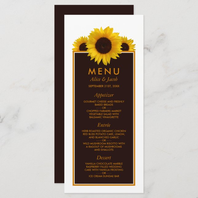 Menu Fleurs de soleil rustiques - Mariage floral (Devant / Derrière)