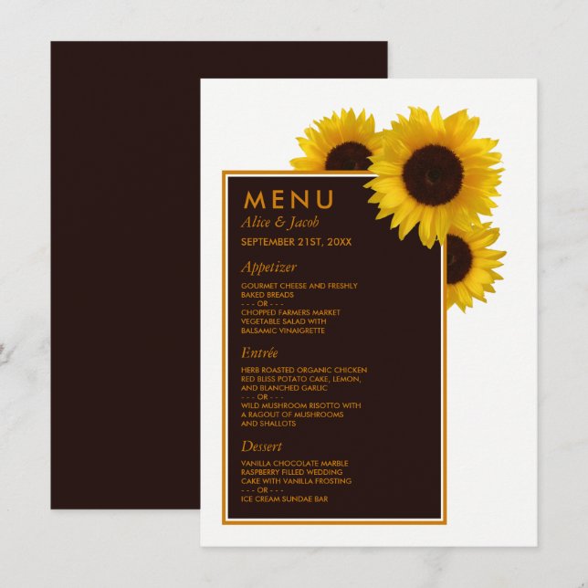 Menu Fleurs de soleil rustiques - Mariage floral (Devant / Derrière)