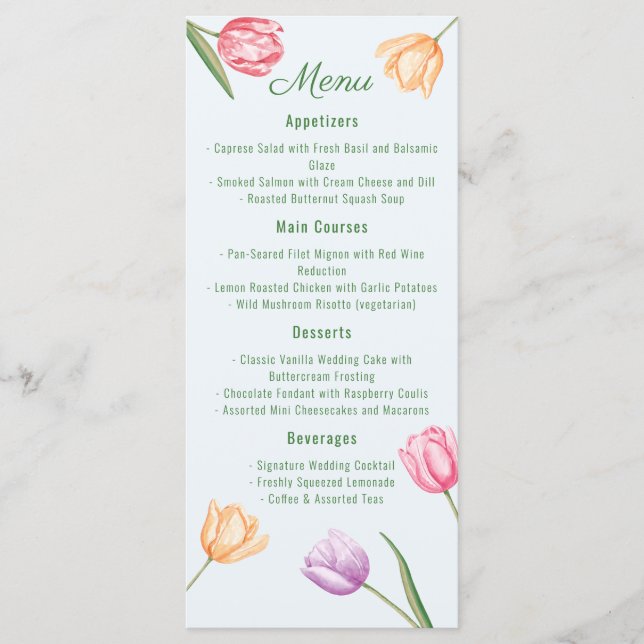 Menu Fleurs de tulipes pastel aquarelle Mariage de prin (Devant)