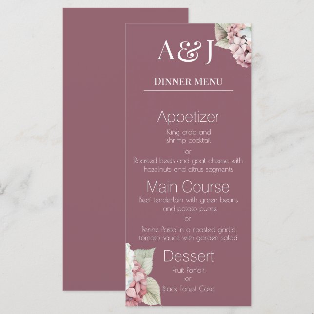 Menu Fleurs d'hortensia rose et blanc sur fond rose ten (Devant / Derrière)