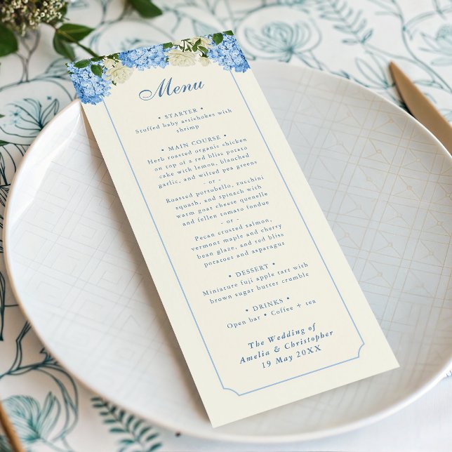 Menu Fleurs d'Hydrange Bleue Roses Blanches Mariage Jar (wedding menu with formal typography and blue hydrangea flowers)