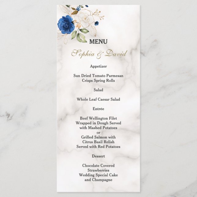Menu Fleurs d'or Bleu Whimsical Mariage Monogramme (Devant)
