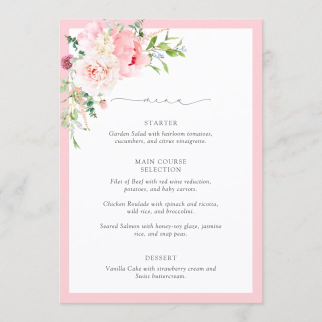 Menu Fleurs Élégantes de Lavis Rose pour Baby Shower de (Devant)
