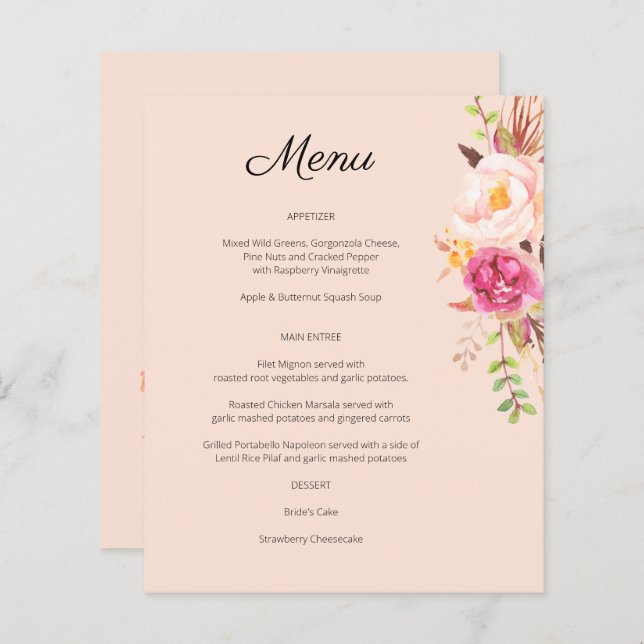 Menu Fleurs Épanouies Rose Pâle de Budget (Devant / Derrière)