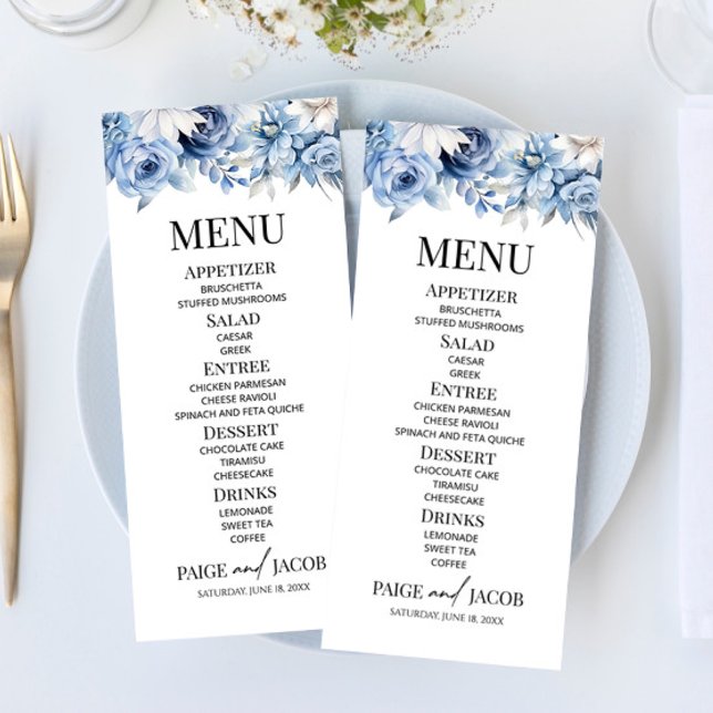 Menu Fleurs Florales Bleues Dusty Jardin Mariage (Créateur téléchargé)