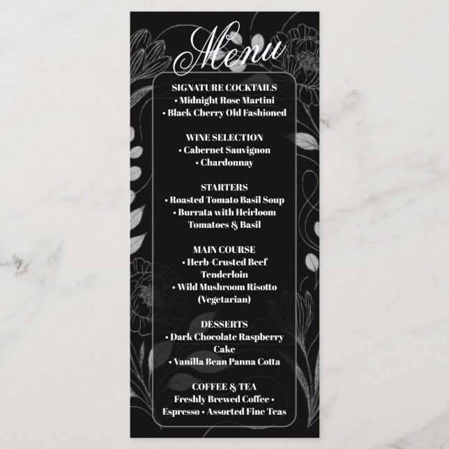 Menu Fleurs gothiques sombres Mariage monochrome noir e (Devant)
