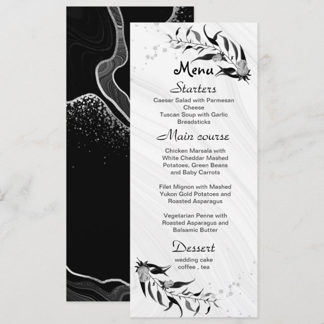 Menu fleurs gris argenté et mariage feuille noir (Devant / Derrière)