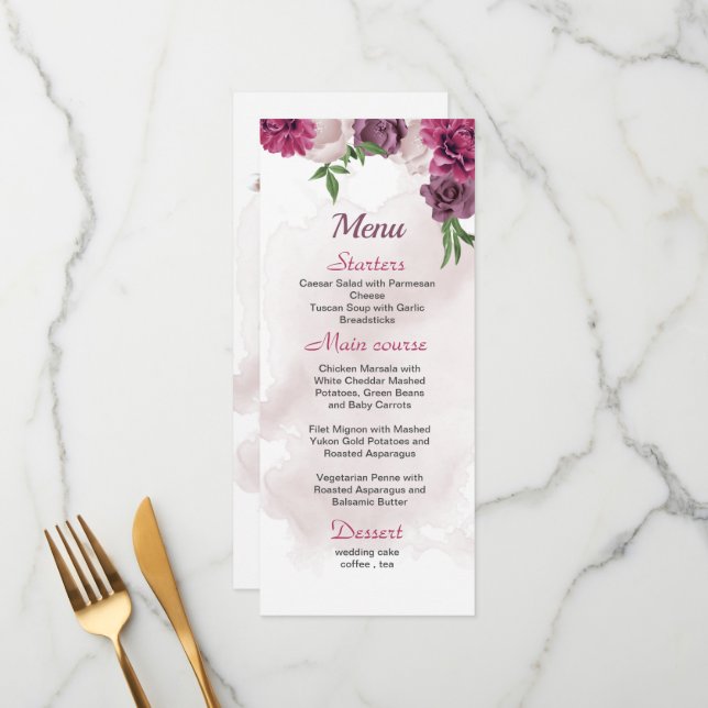 Menu fleurs mauves roses verdure mariage (Devant/Arrière en situation)