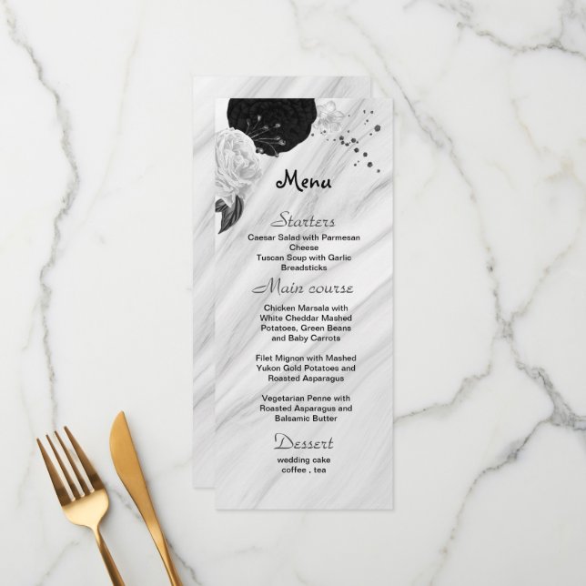 Menu fleurs noires et blanches belle mariage (Devant/Arrière en situation)