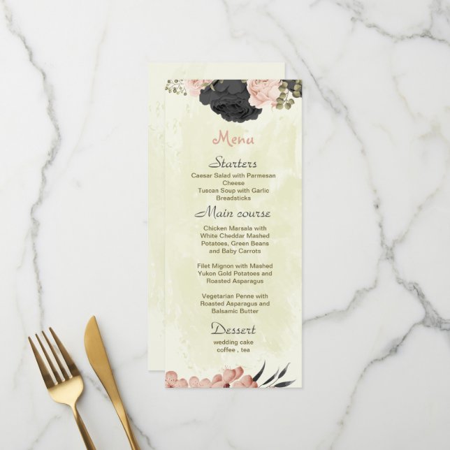 Menu fleurs noires et rousses mariage botanique (Devant/Arrière en situation)
