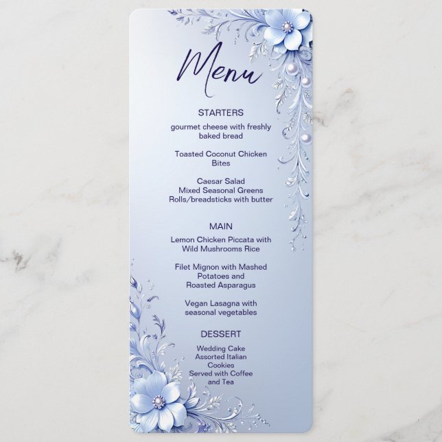 Menu Fleurs Ornementales Bleues avec Perles (Devant)