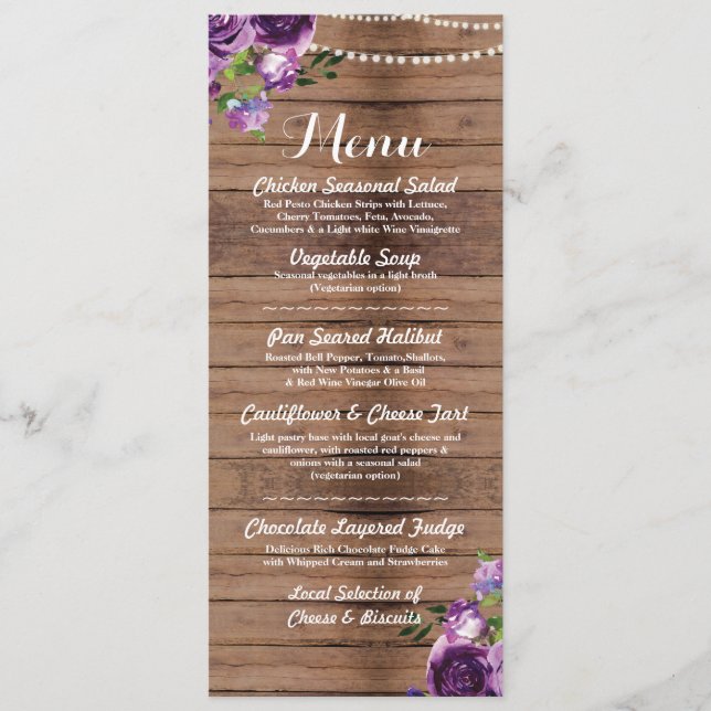 Menu Fleurs pourpres en bois de réception de mariage de (Devant)