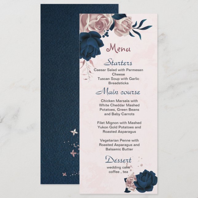 Menu fleurs rose et marine & mariage feuille (Devant / Derrière)