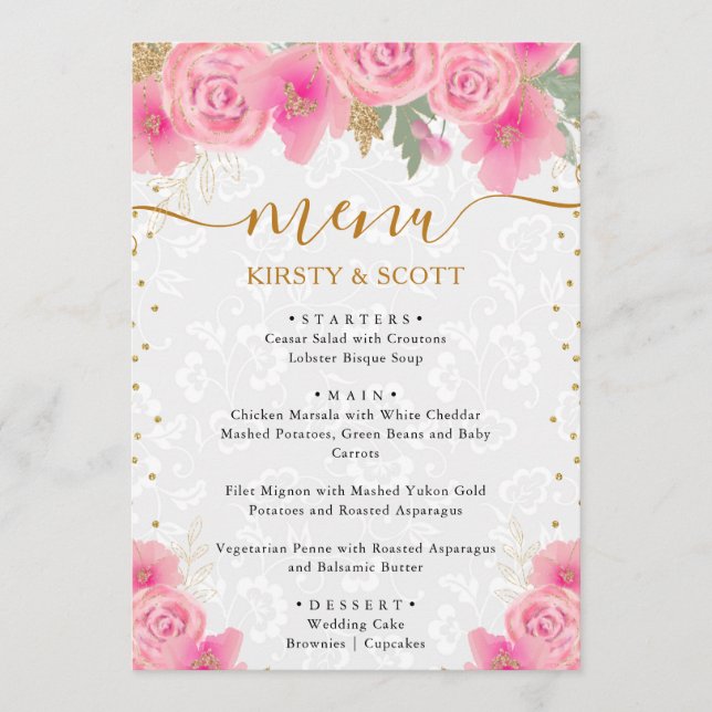 Menu Fleurs roses aquarelle mariage  (Devant)