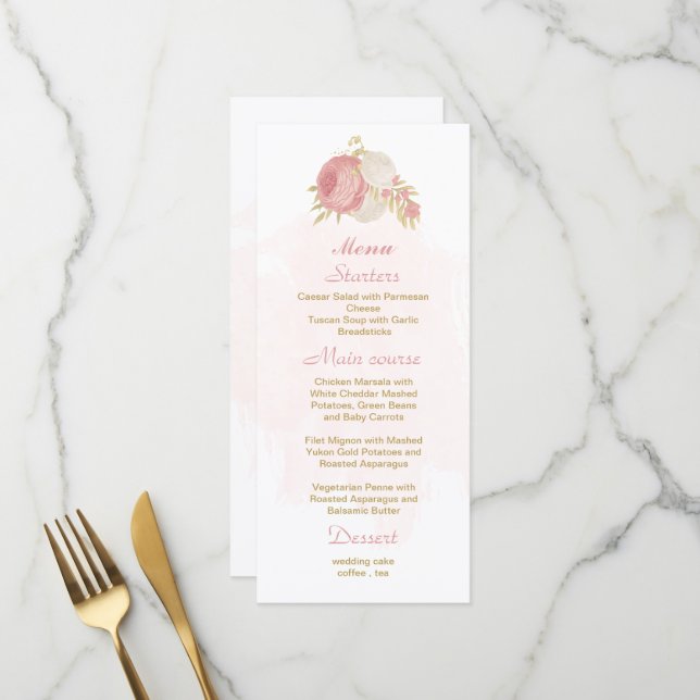 Menu fleurs roses et blanches or mariage botanique (Devant/Arrière en situation)