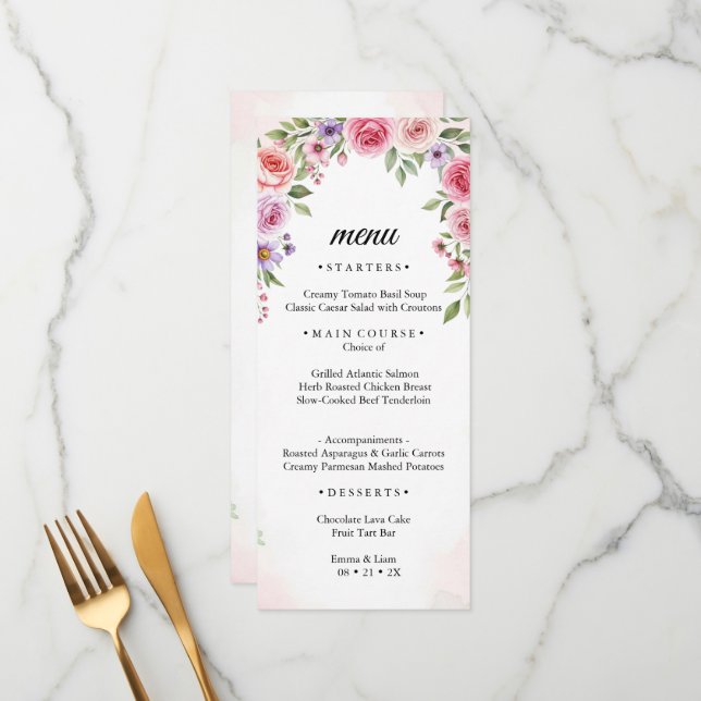 Menu Fleurs roses et violettes en arche aquarelle pour  (Devant/Arrière en situation)
