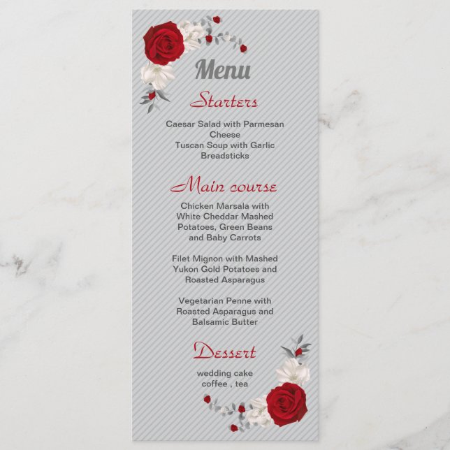 Menu fleurs rouges et blanches argent feuille mariage (Devant)