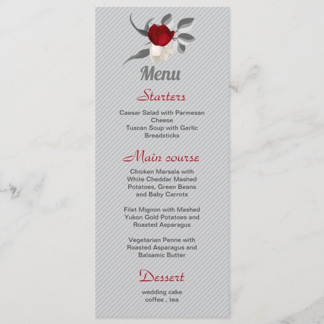 Menu fleurs rouges et blanches feuilles argentées maria (Devant)