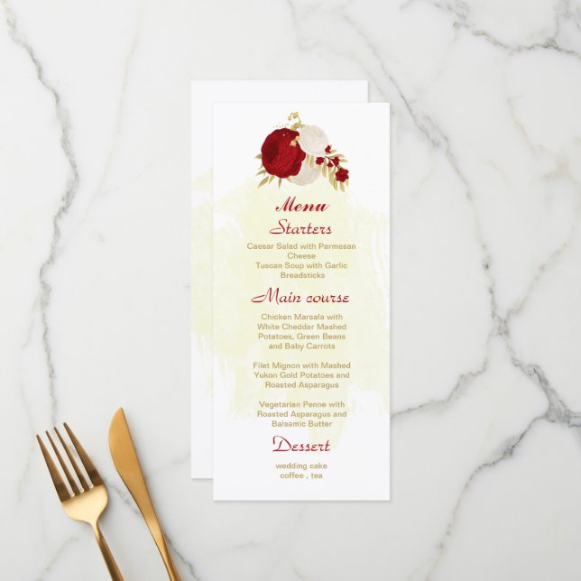 Menu fleurs rouges et blanches foncées or mariage botan (Devant/Arrière en situation)