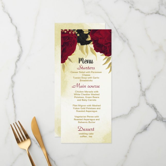 Menu fleurs rouges noires or feuille mariage (Devant/Arrière en situation)