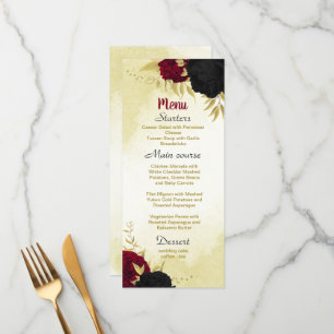 Menu fleurs rouges noires or feuille mariage
