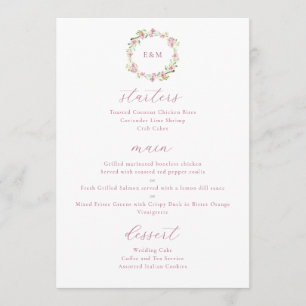 Menu Fleurs rustiques à l'aquarelle rose poudré