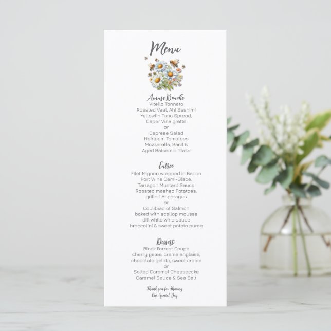 Menu Fleurs sauvages aquarelle mariage abeille  (Debout devant)