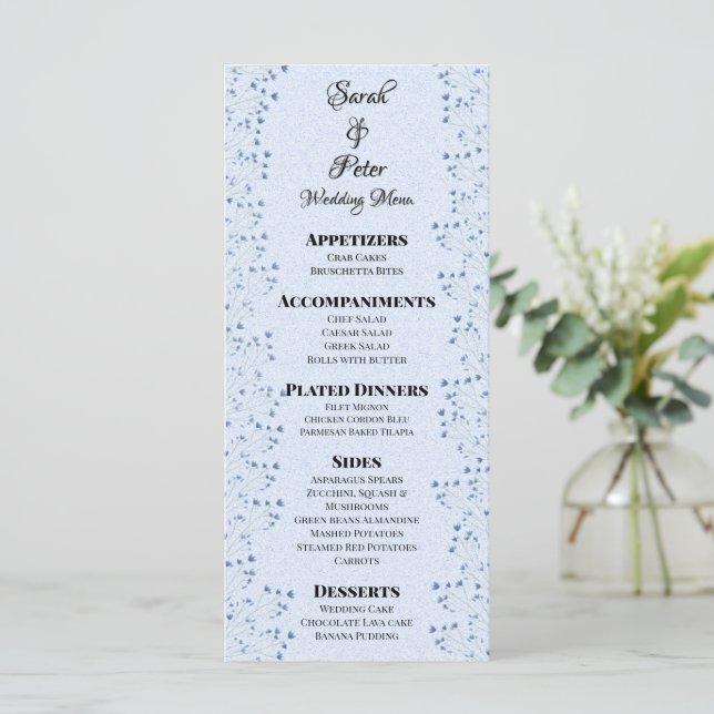 Menu Fleurs Sauvages Bleu Clair Romantique Mariage (Debout devant)