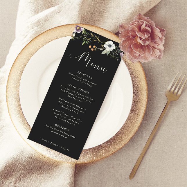 Menu Fleurs sauvages botaniques foncés Mariage simple e (A simple and elegant wedding menu decorated with wildflowers)