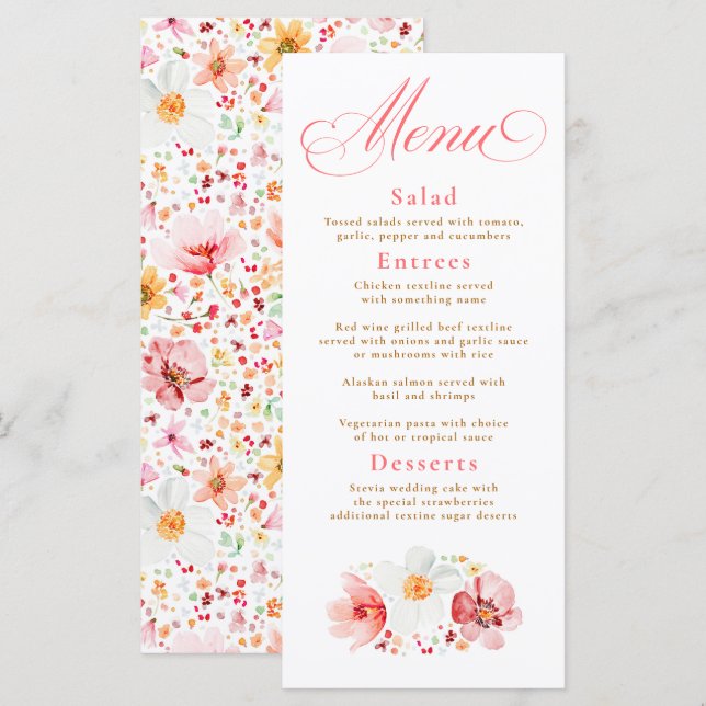 Menu Fleurs sauvages d'aquarelle Elegant Boho Mariage M (Devant / Derrière)