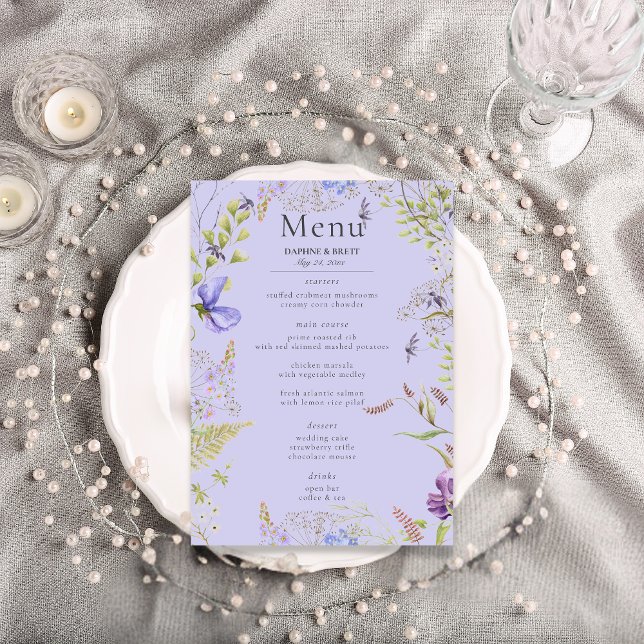 Menu Fleurs sauvages de lavande sauge rustique Mariage  (Rustic Lavender Sage Wildflowers Lavender Wedding Menu)