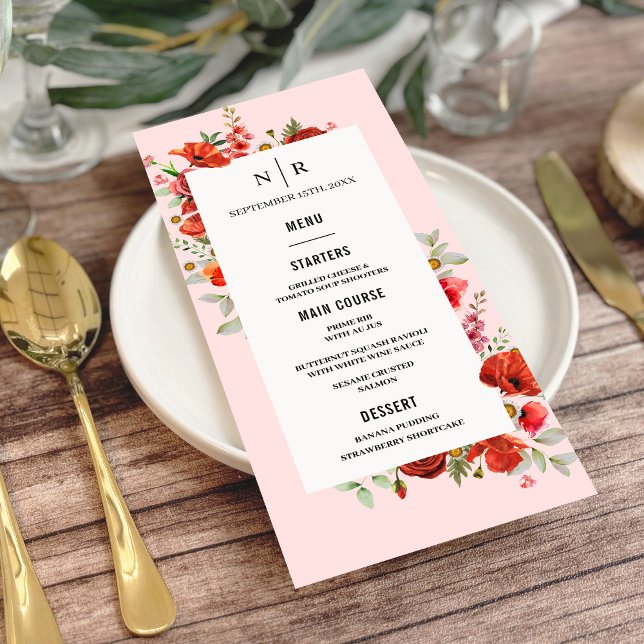 Menu Fleurs sauvages de pavot Monogramme Mariage rose (Créateur téléchargé)