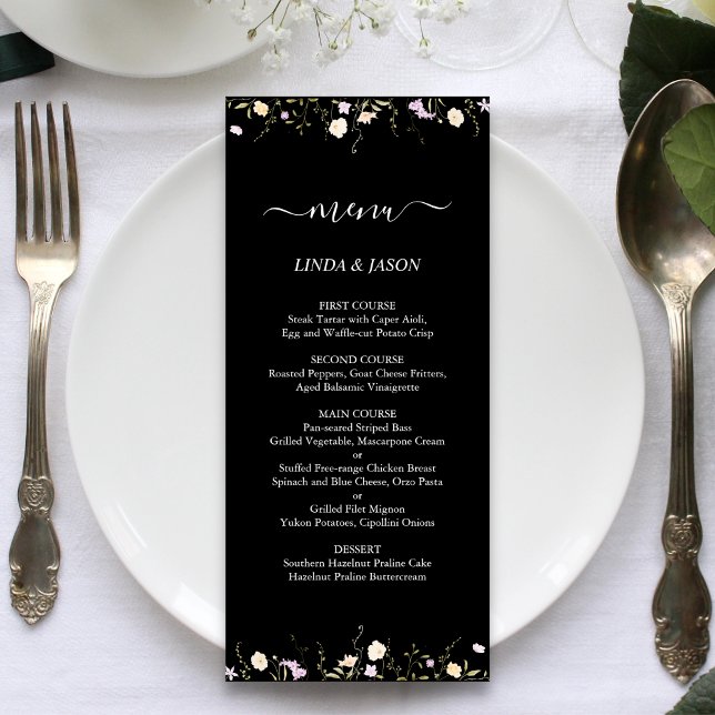 Menu Fleurs Sauvages Élégantes Noir & Blanc Mariage Flo (Black and white wildflowers floral menu adds elegant charm while guiding guests at weddings.)