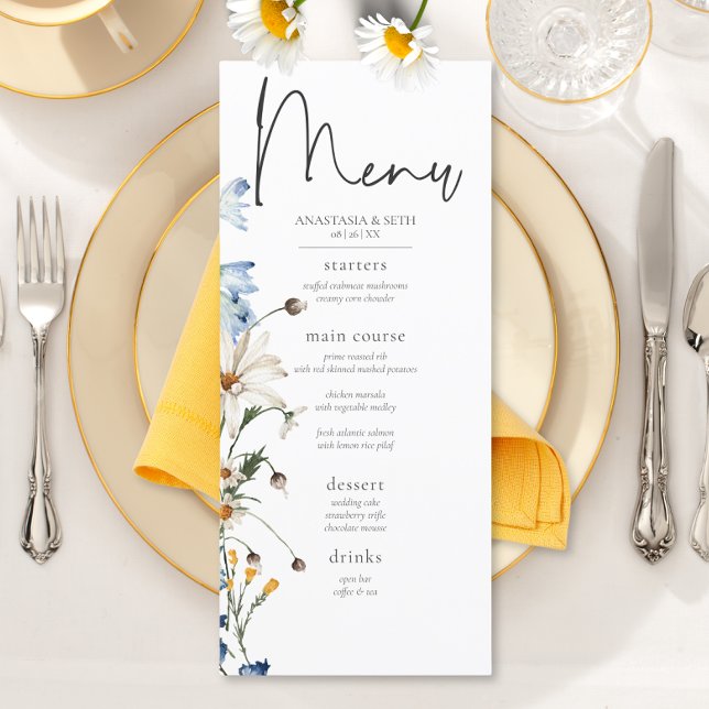 Menu Fleurs sauvages et marguerites bleues poussiéreuse (Rustic Dusty Blue Wildflowers & Daisies Long Wedding Menu)